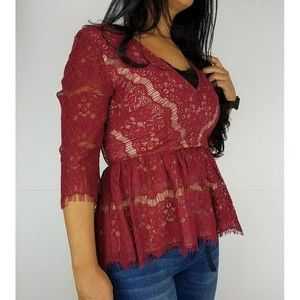 Maeve women v-neck burgundy lace peplum 3/4 sleeve back sipper top sz S